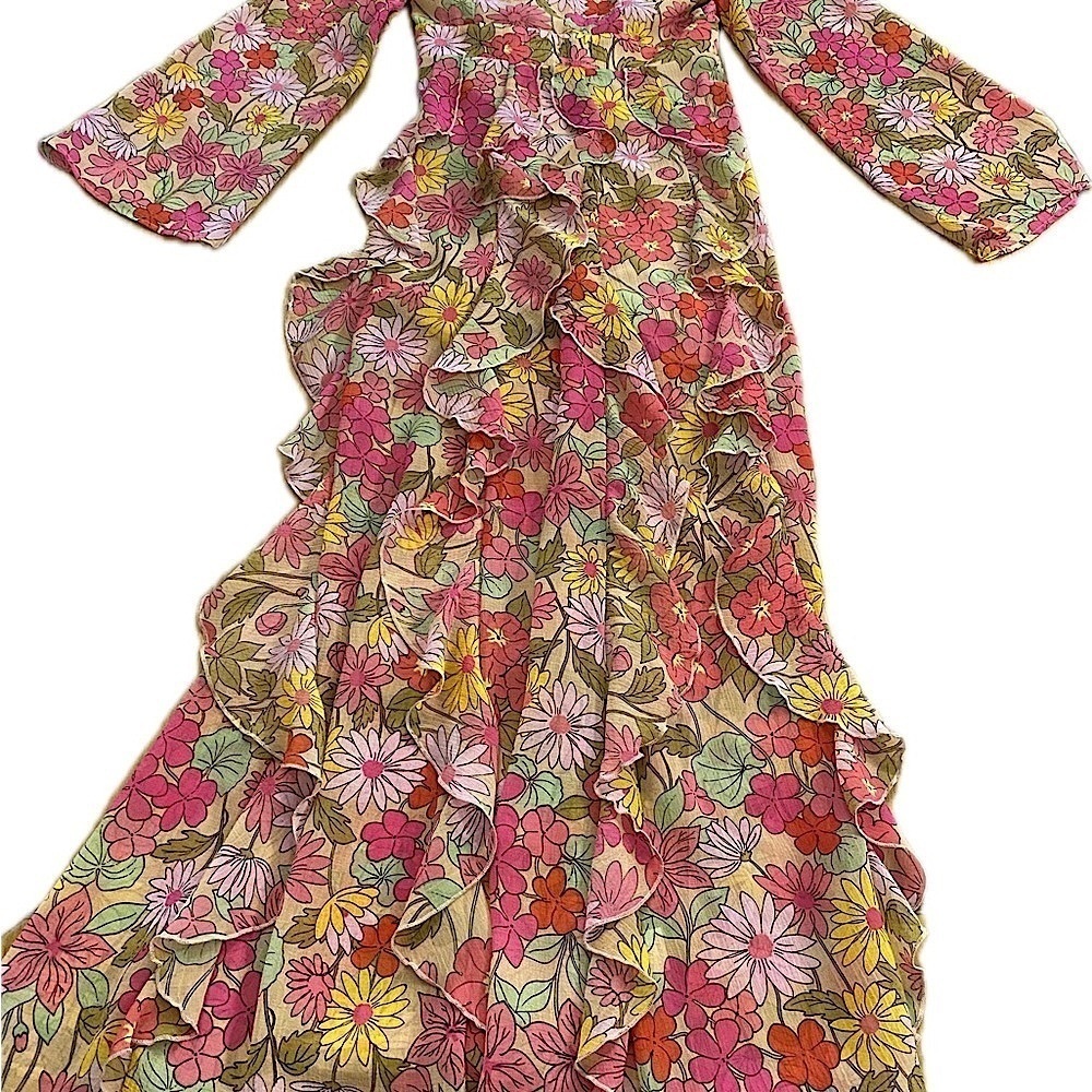 Women's Colorful Coquette Ruffles Feminine Garden Flowing Long Sleeve Maxi New S